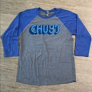 Blue and Gray Chuys restaurant baseball tee